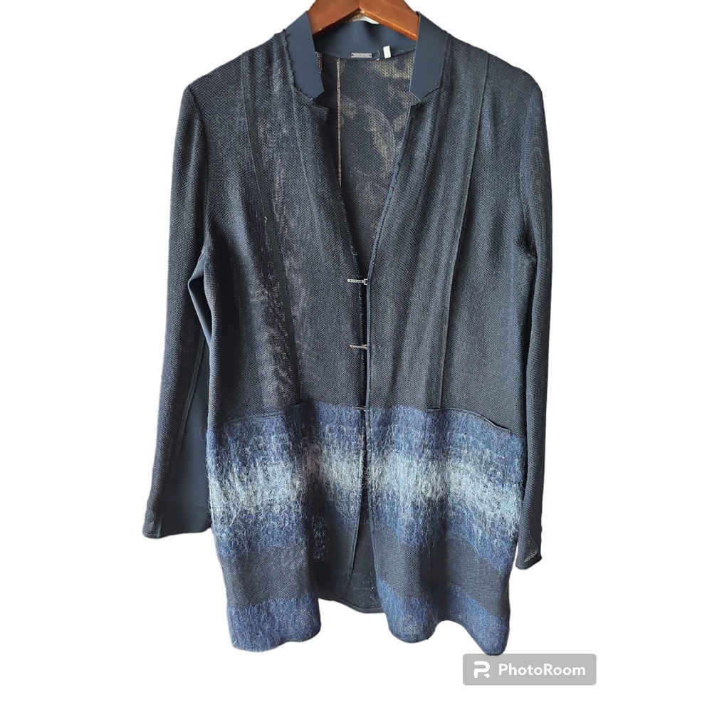 ELIE TAHARI Women's Long‎ Fleece Wool Mesh Alpaca Contrast Cardigan Sweater M